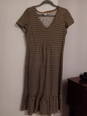 Boden Navy and Mustard Geometric V‑Neck Midi Dress